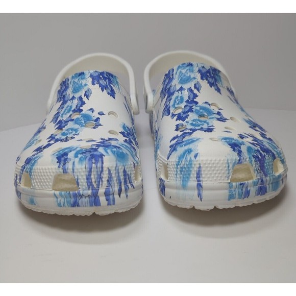 Crocs Men Size 12 Women 14 White Hawaiian Blue Flower Floral Graphic Clog 206376 - Picture 5 of 14